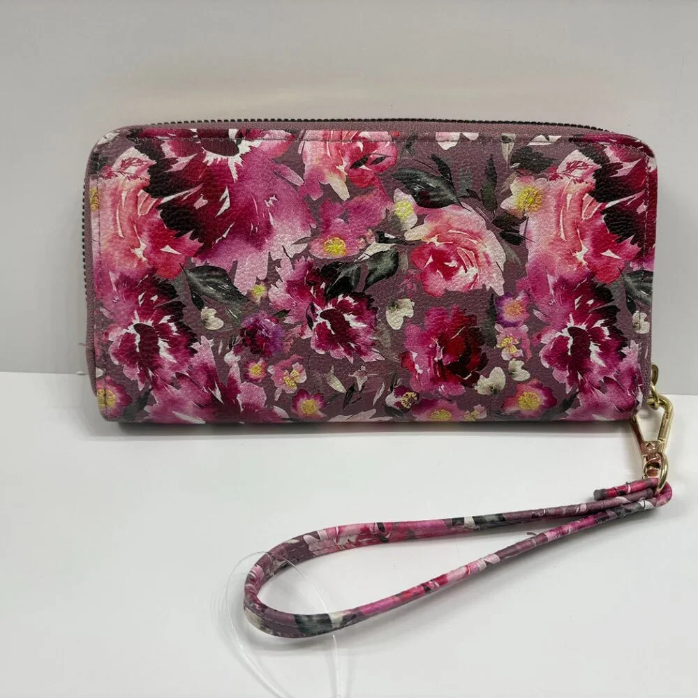 BETSEY JOHNSON Pink/ Black Floral Watercolor Wristlet/ Clutch/ Wallet - NWOT
